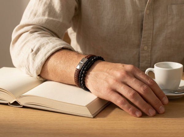 Lundholm Arvid armband met lavasteen en Lars gevlochten leren armband gedragen om de pols van een man