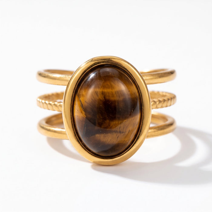 Sunniva – Statement Ring with Oval Tiger's Eye – Gold-tone