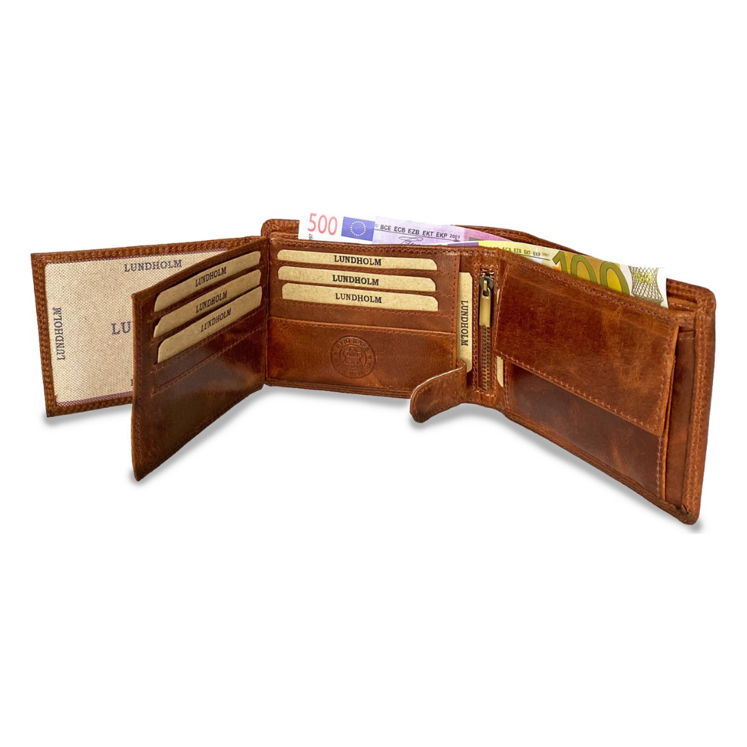 Lundholm leren heren portemonnee heren leer cognac - Uppsala serie - compact model - RFID anti skim
