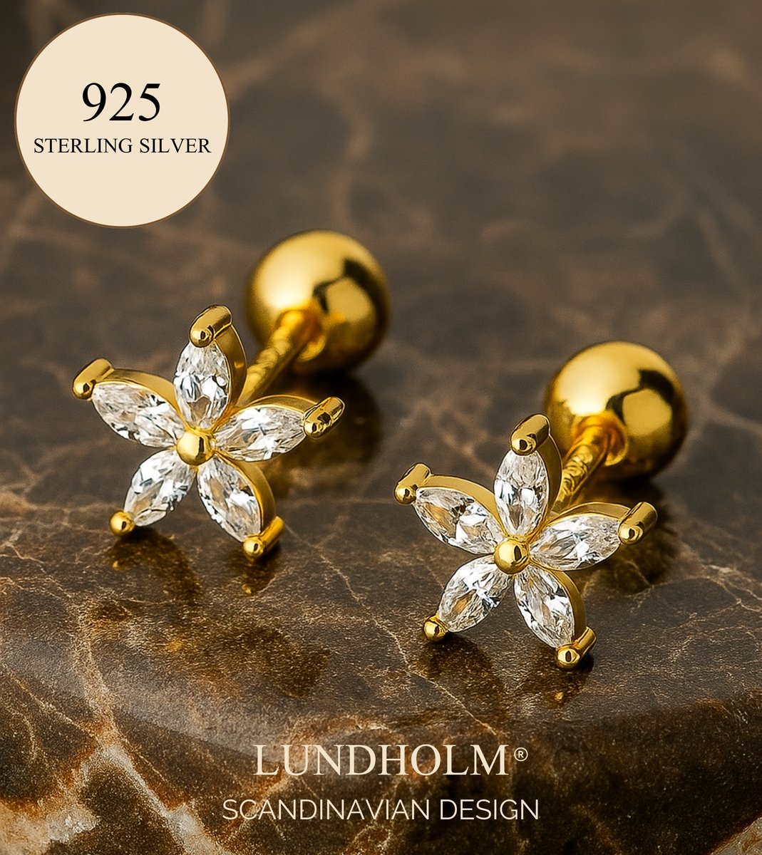 Luxe 925 Sterling Zilver Vergulde Kleine Oorbellen Dames Bloem - Goudkleurige Oorknopjes Bloemen Design