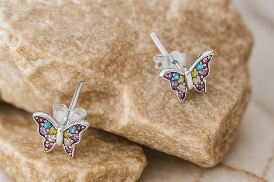 Luxe Dames 925 Zilveren Vlinder Oorknopjes met Gekleurde Steentjes