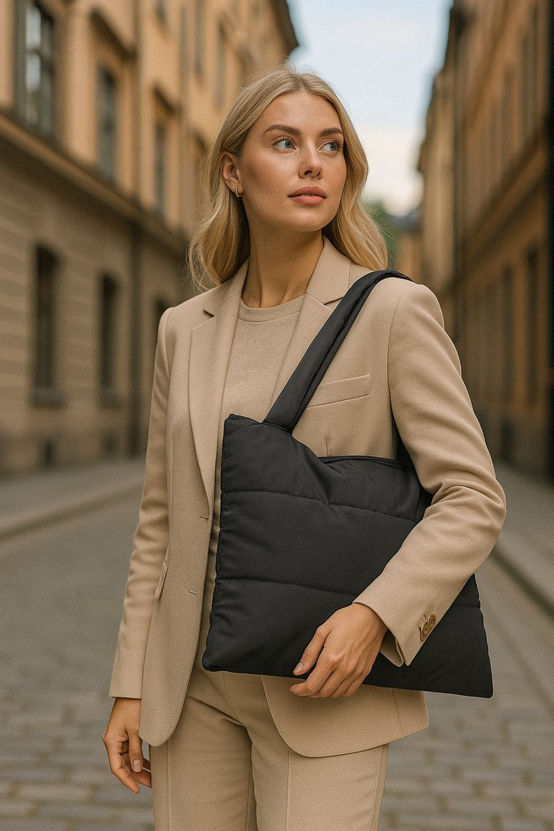 Tas Dames Puffer shopper groot Nylon - Schoudertas dames gewatteerde tas - tassen dames shopper - Zwart - vrouwen cadeautjes - Nykroppa serie