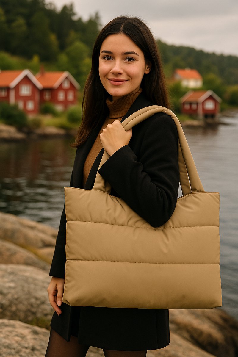 Tas Dames Puffer shopper groot Nylon - Schoudertas dames gewatteerde tas - tassen dames shopper - Taupe - vrouwen cadeautjes - Scandinavisch Design - Nykroppa serie