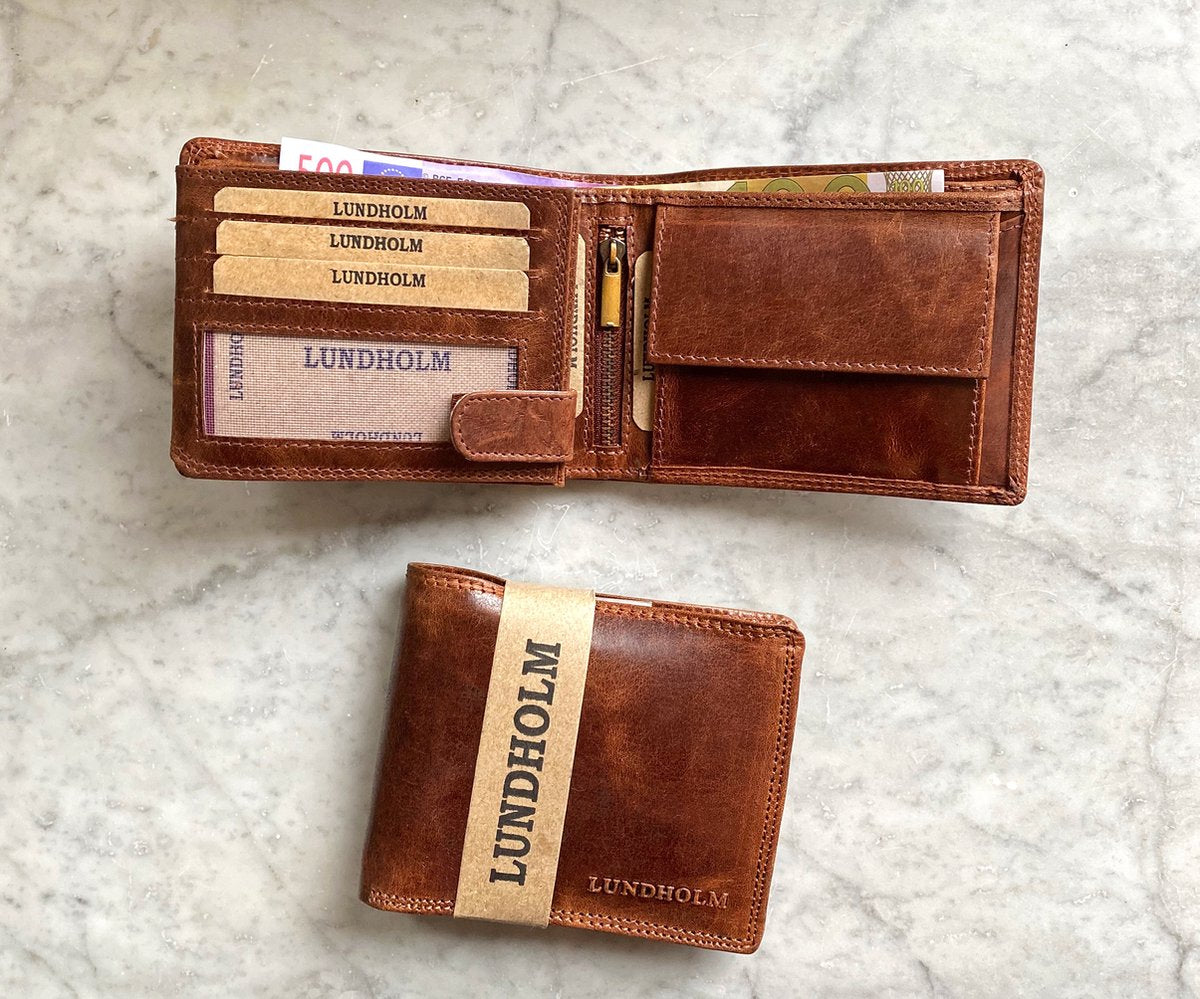 Lundholm leren heren portemonnee heren leer cognac - Uppsala serie - compact model - RFID anti skim