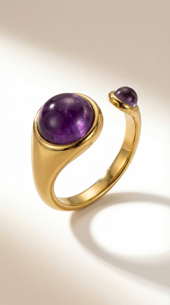 Lundholm Sophia ring met paarse amethist stenen — goudkleurig stainless steel