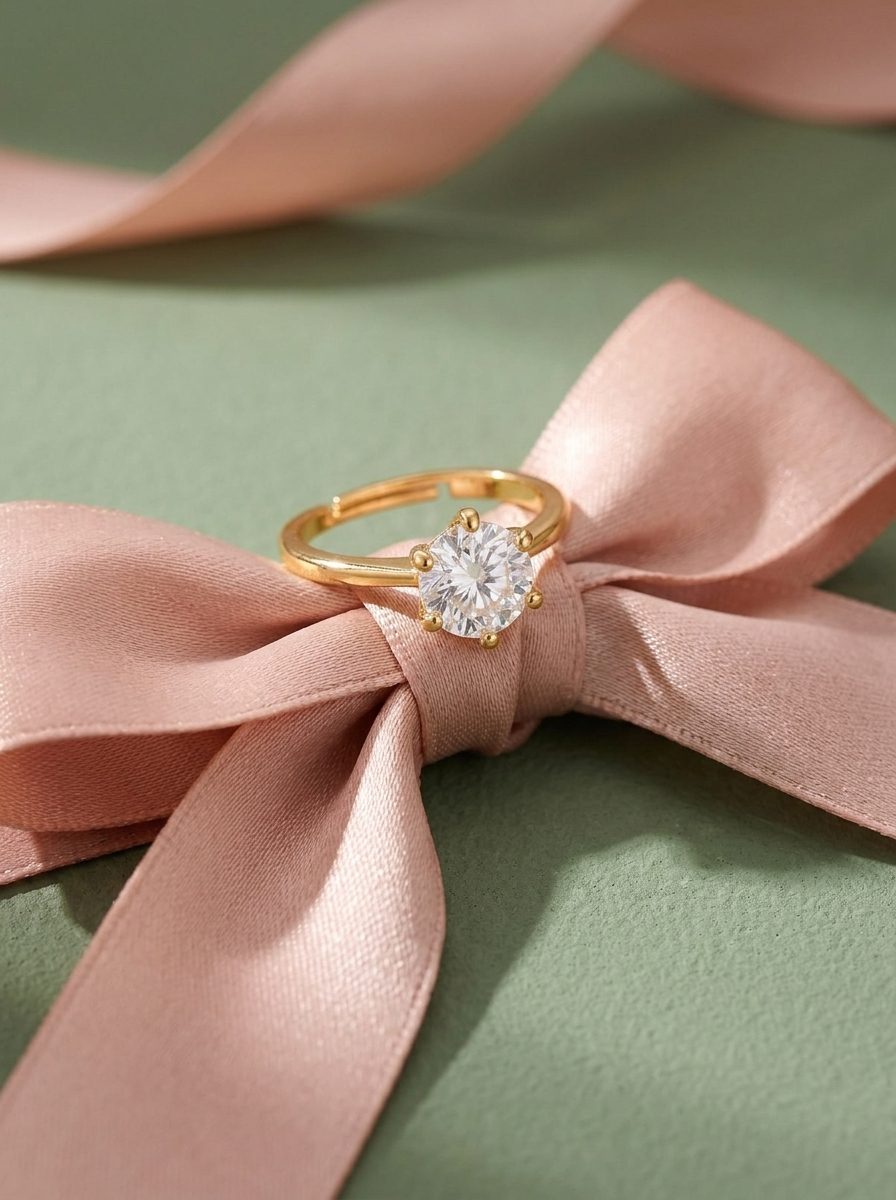 Lundholm Asta ring met zirkonia op een roze satijnen strik