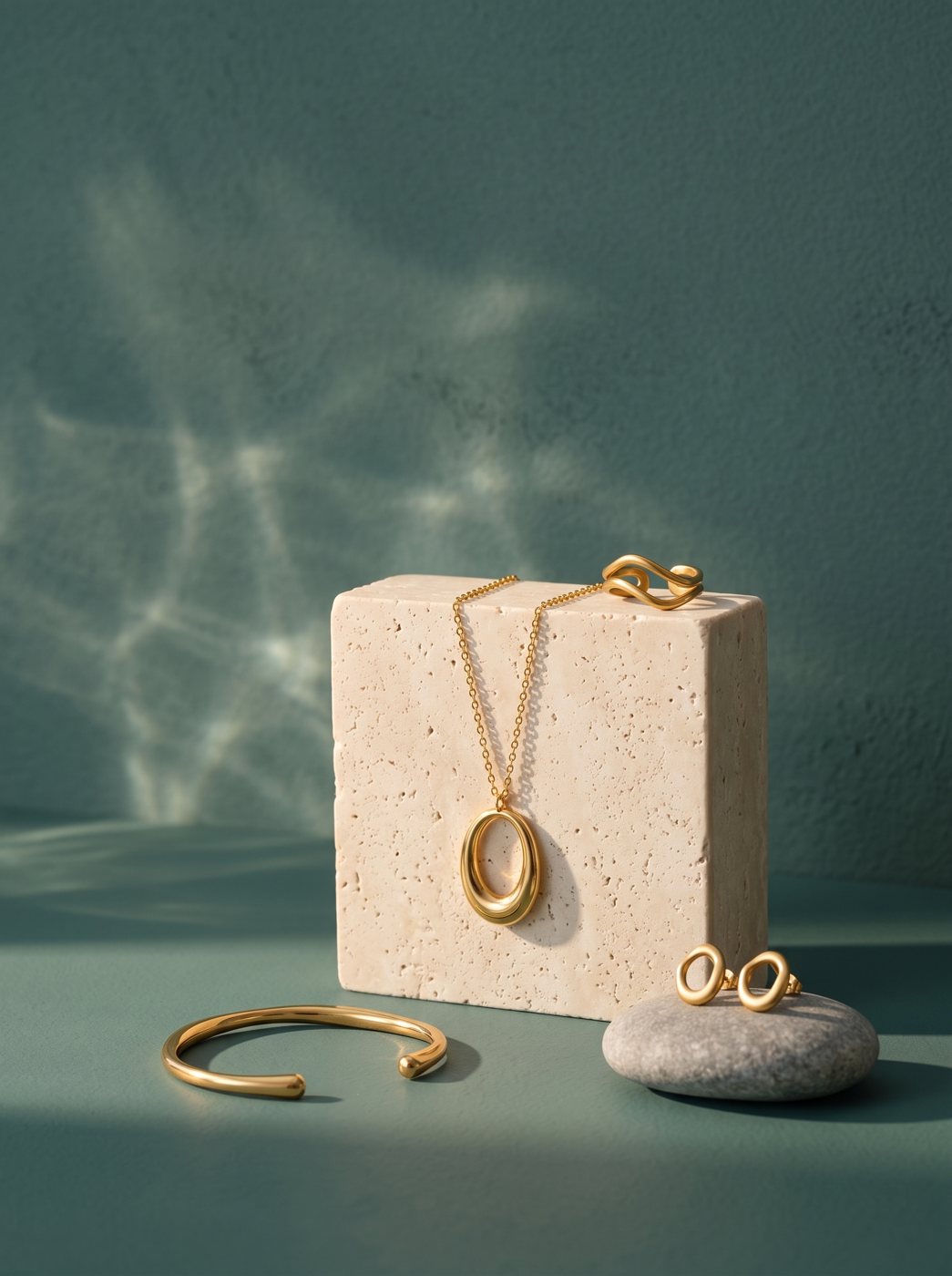 Lundholm Ava ketting met open ovale hanger, Oona oorknopjes, Runa open bangle en Shelby ring goudkleurig bij een blok travertin tegen petrolblauw