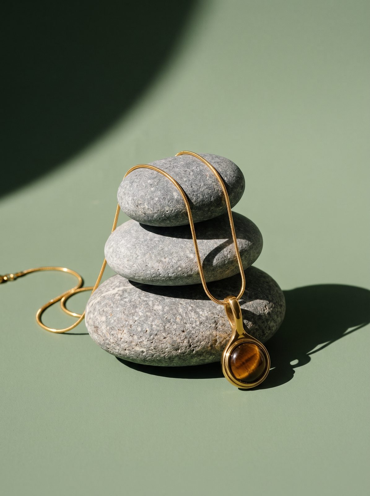 Lundholm Cecile ketting met tijgeroog hanger op een stapel stenen