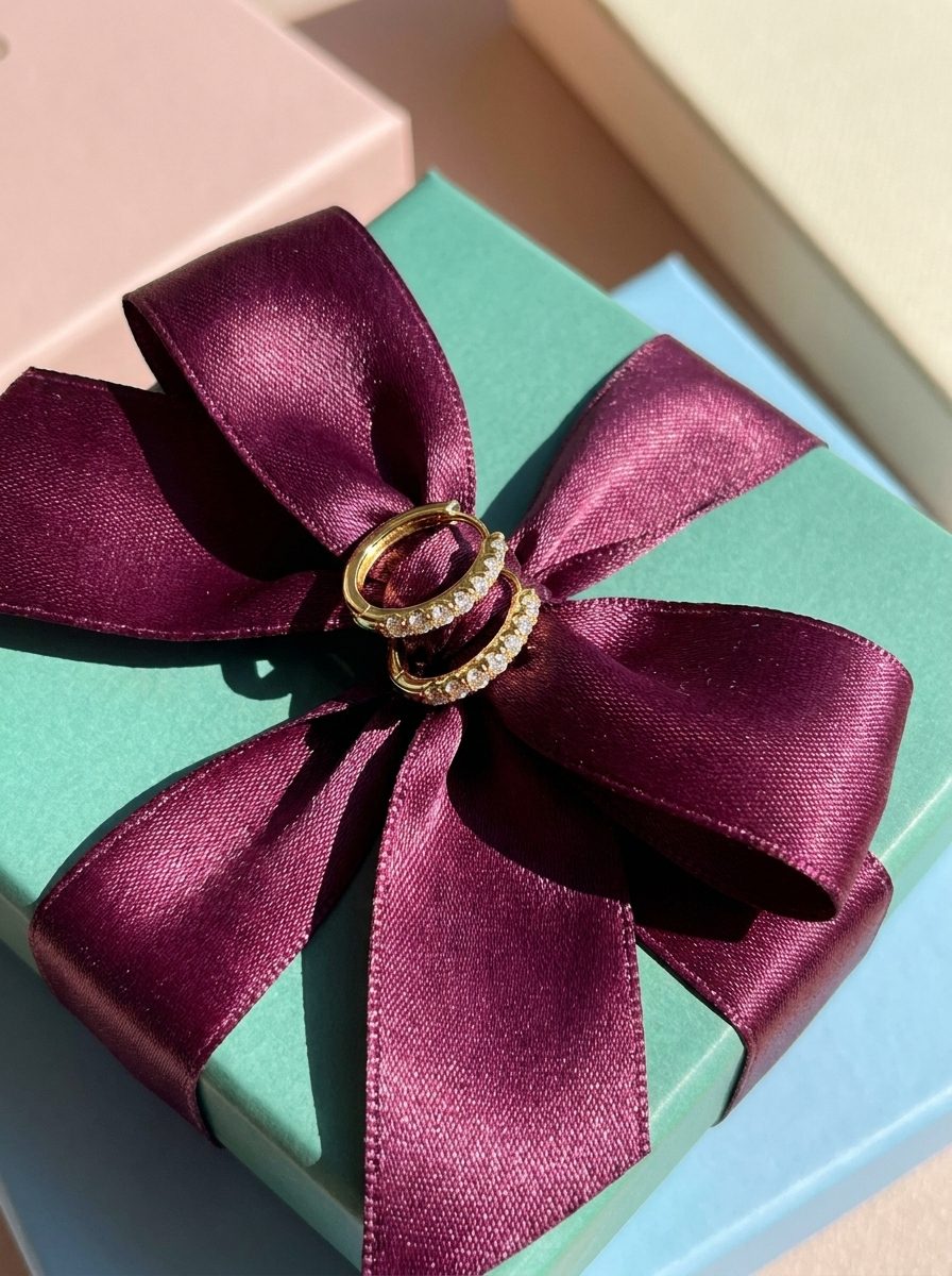 Lundholm Delia kleine oorringen met zirkonia goudkleurig op een mintgroen cadeaudoosje met een pruimkleurige satijnen strik