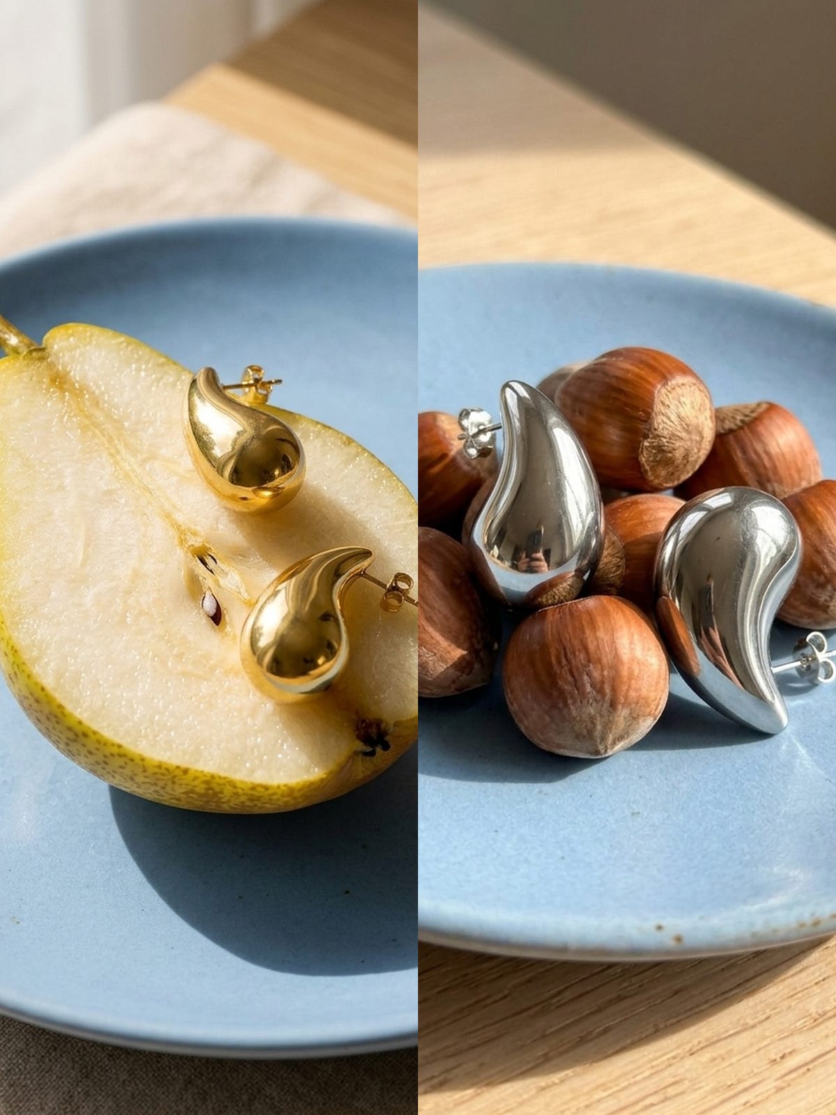 Lundholm Hazel oorbellen in goud op een peer en in zilver tussen hazelnoten