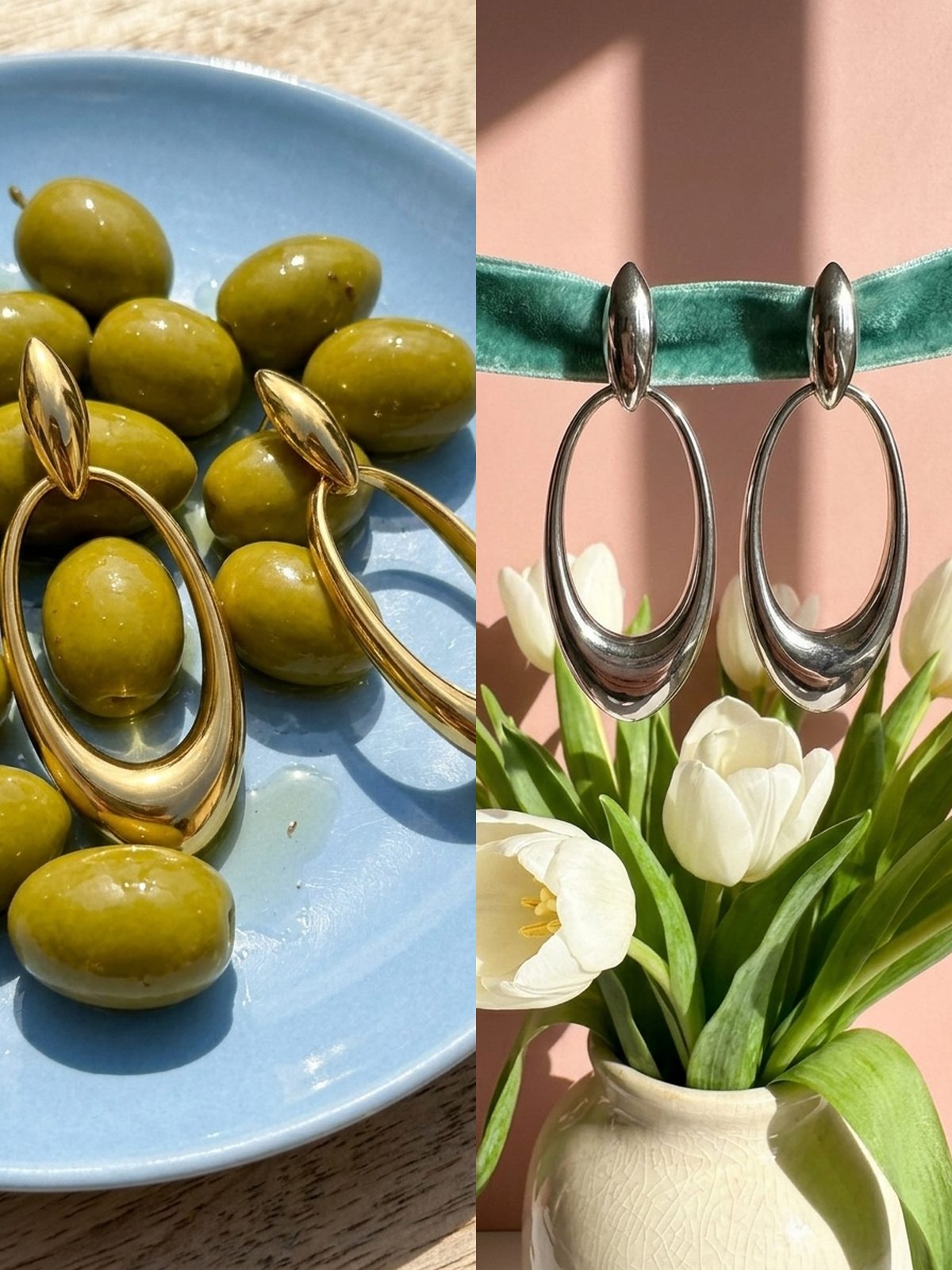 Lundholm Kaia oorhangers in goud bij olijven en in zilver bij witte tulpen