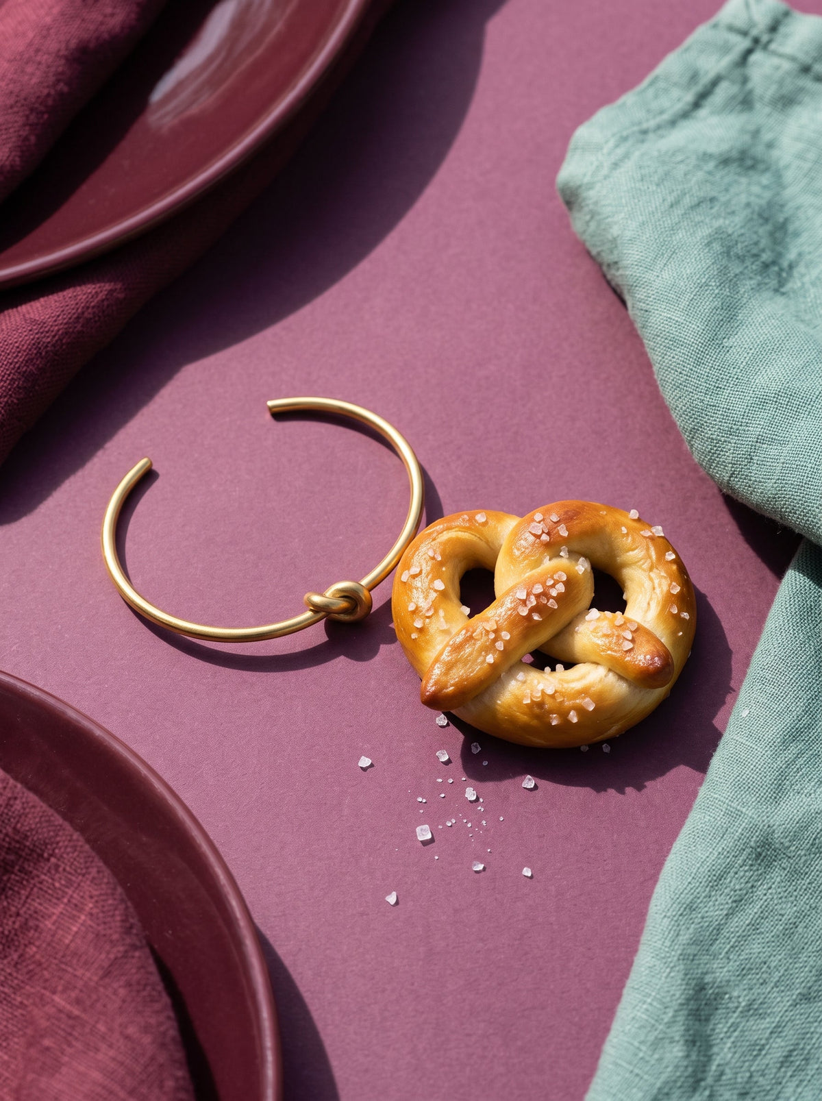 Lundholm Tammy open bangle met knoop goudkleurig op een paarse ondergrond naast een pretzel
