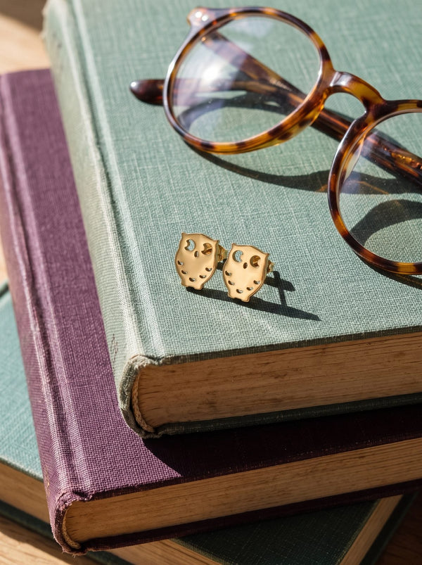 Lundholm uiltjes oorknopjes op een stapel boeken met een bril