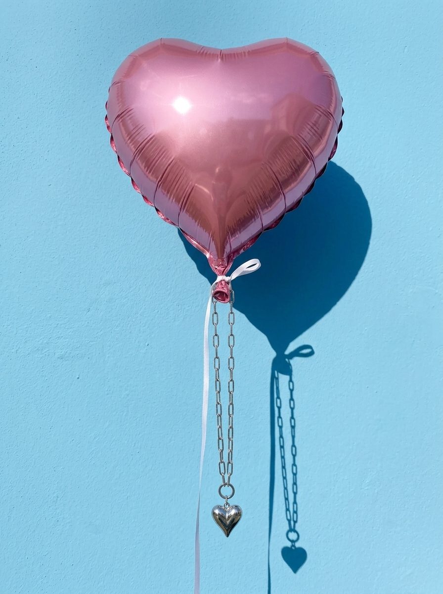 Zilverkleurige hartjesketting aan een roze hartjesballon
