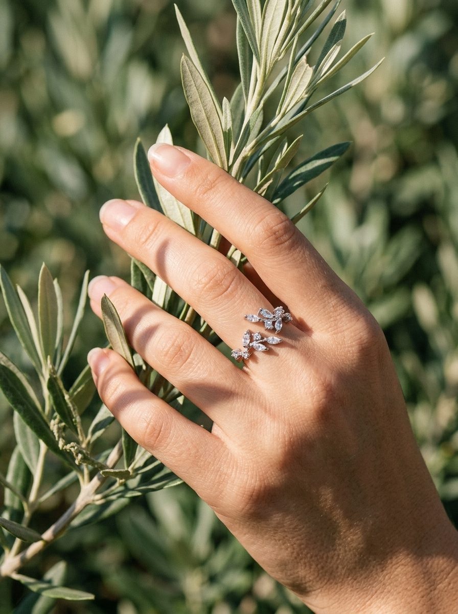 Zilverkleurige Lundholm Sanna ring aan een hand bij een olijftak