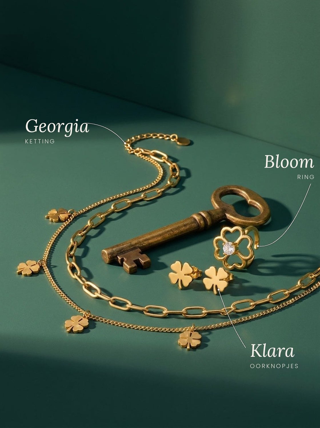 Lundholm Georgia ketting, Bloom ring en Klara oorknopjes goudkleurig