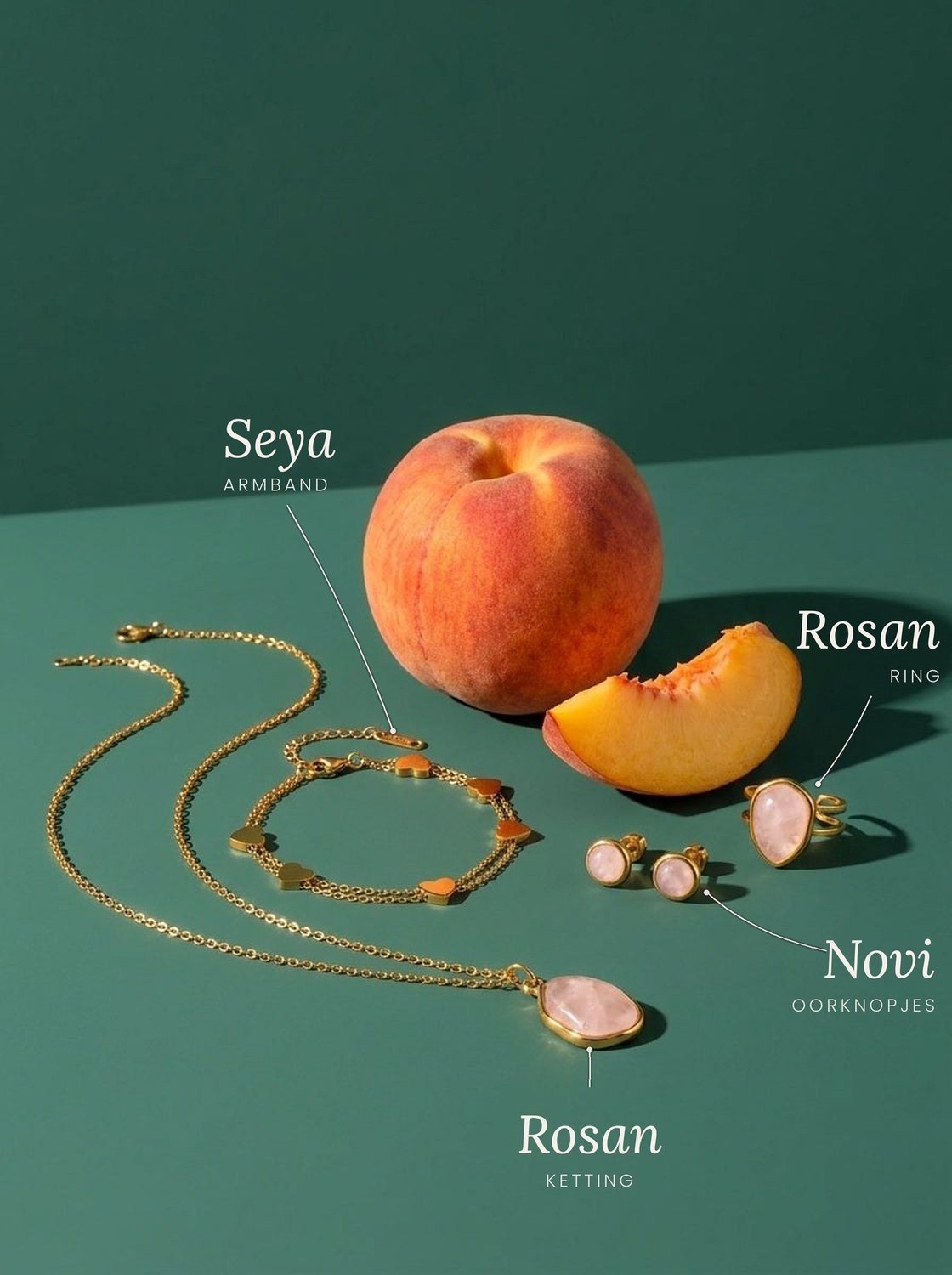 Lundholm Novi natuursteen oorknopjes goudkleurig, set rozenkwarts