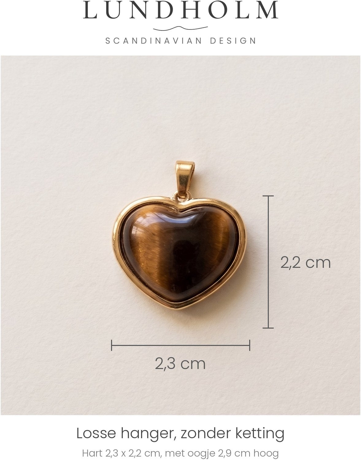 Lundholm Beatrice losse hanger hart tijgeroog, goudkleurig, maatindicatie