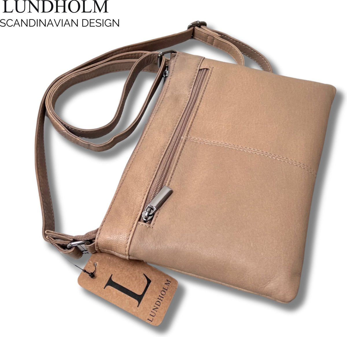 Lundholm Kopenhagen schoudertas taupe leer dames — detail handvaten en stiksel
