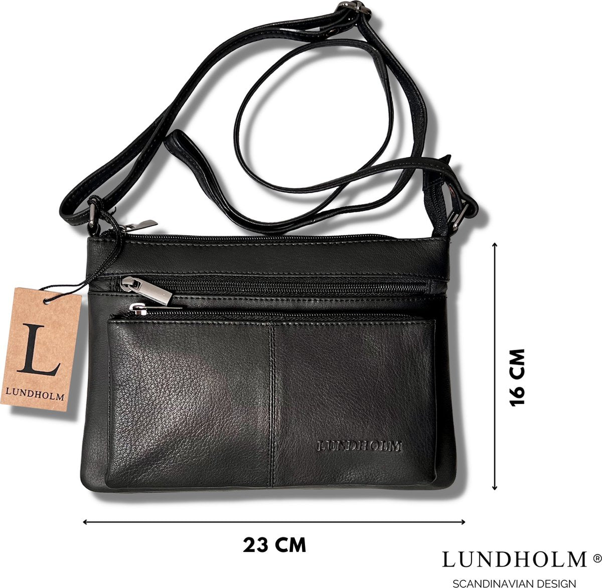 Lundholm Kopenhagen schoudertas zwart leer — lifestyle gedragen