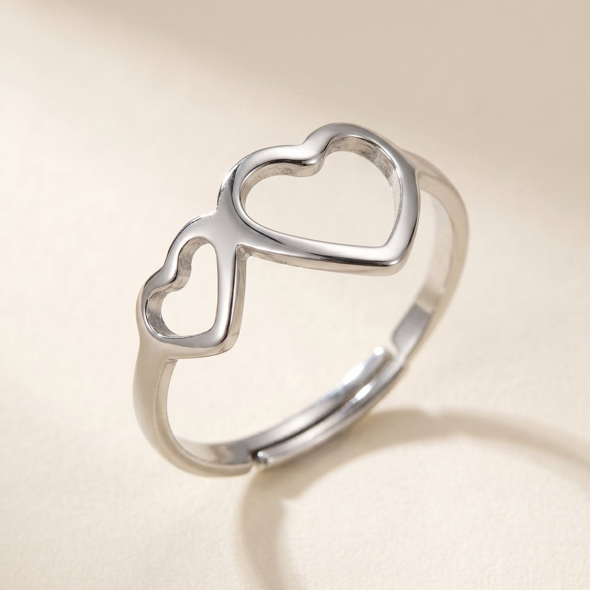 Lundholm Amora ring dames zilver dubbel hartje stainless steel verstelbaar