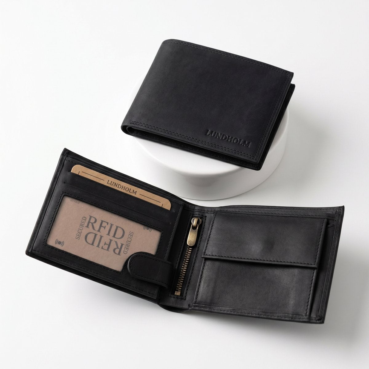 Lundholm Heren Portemonnee Leer Zwart - Luxe Hunter Rundleer - Billfold Portefeuille met RFID Bescherming - Cadeau voor Man