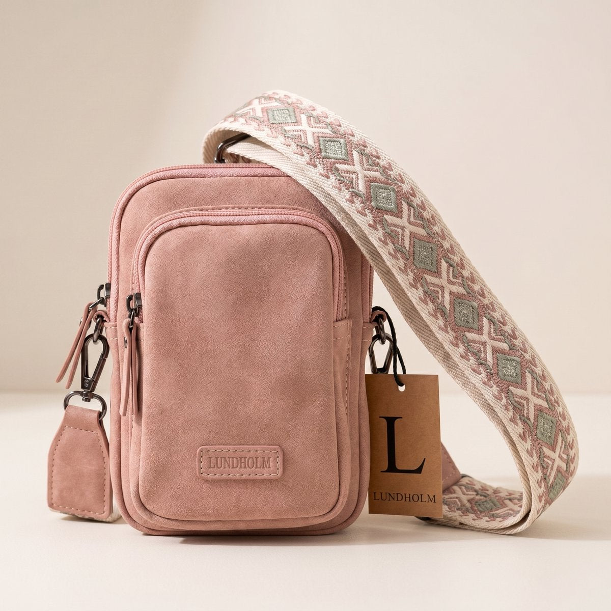 Lundholm Strömsund crossbody roze leer dames — detail rits sluiting