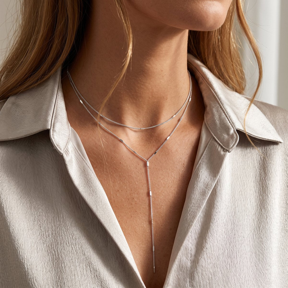 Lundholm Nathalie layered ketting zilver - dubbele ketting y-hanger stainless steel