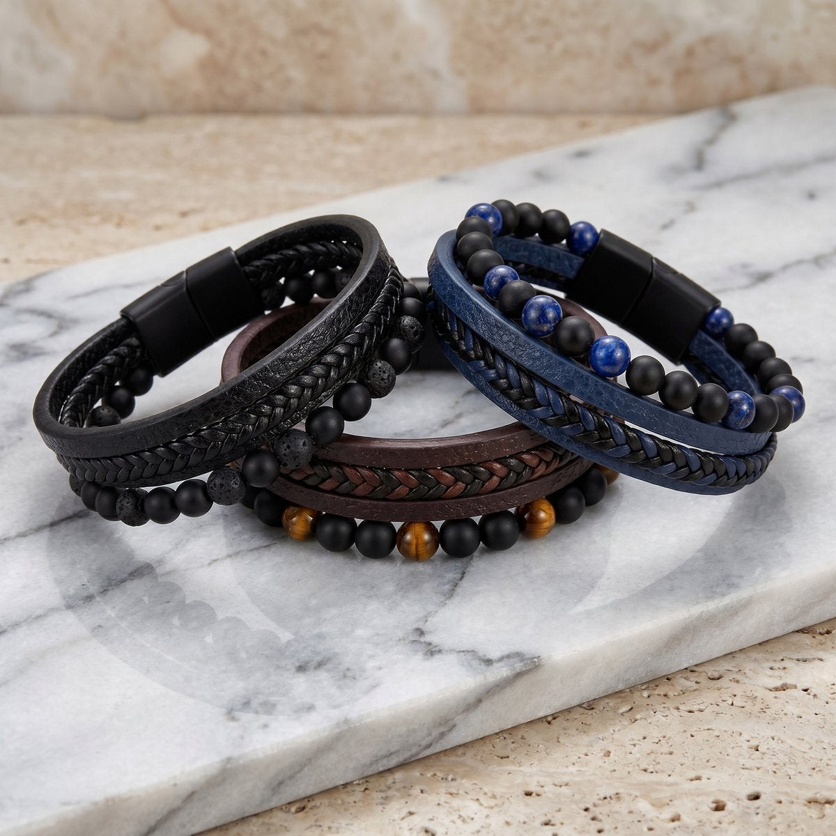 Lundholm Björn armband heren blauw detail gelaagde natuursteen kralen
