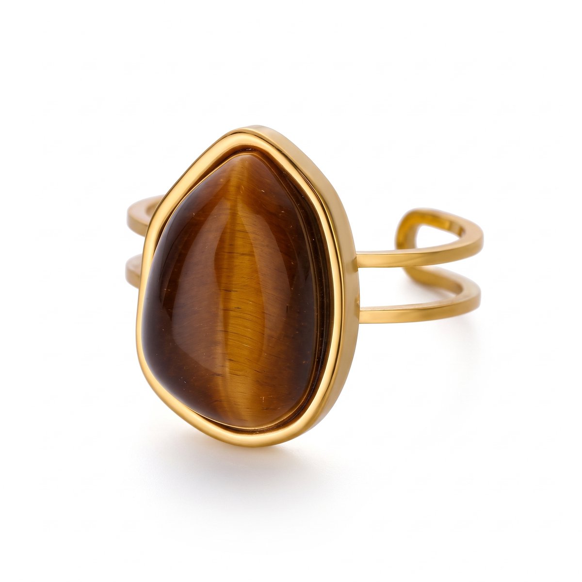 Lundholm Rosan statement ring dames goudkleurig met bruine tijgeroog natuursteen - stainless steel gold PVD