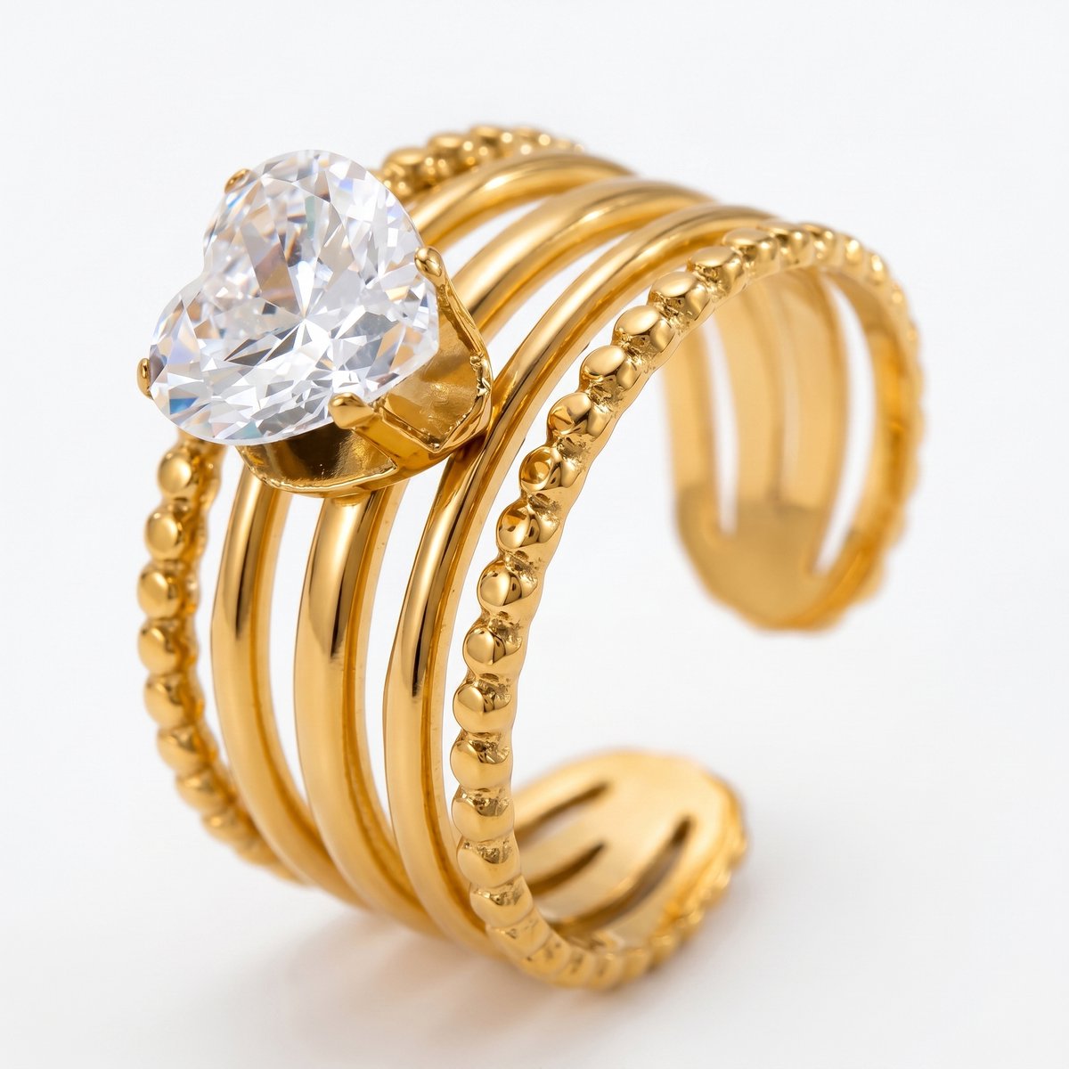 Lundholm Madelyn ring dames goudkleurig met hart steen, premium stainless steel verstelbare statement ring, Scandinavisch design
