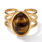 Sunniva Ring Stainless Steel Statement Ring met Ovale Tijgeroog Steen Verstelbaar Goudkleurig foto 2