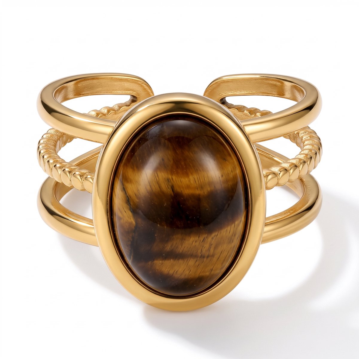 Sunniva Ring Stainless Steel Statement Ring met Ovale Tijgeroog Steen Verstelbaar Goudkleurig foto 2