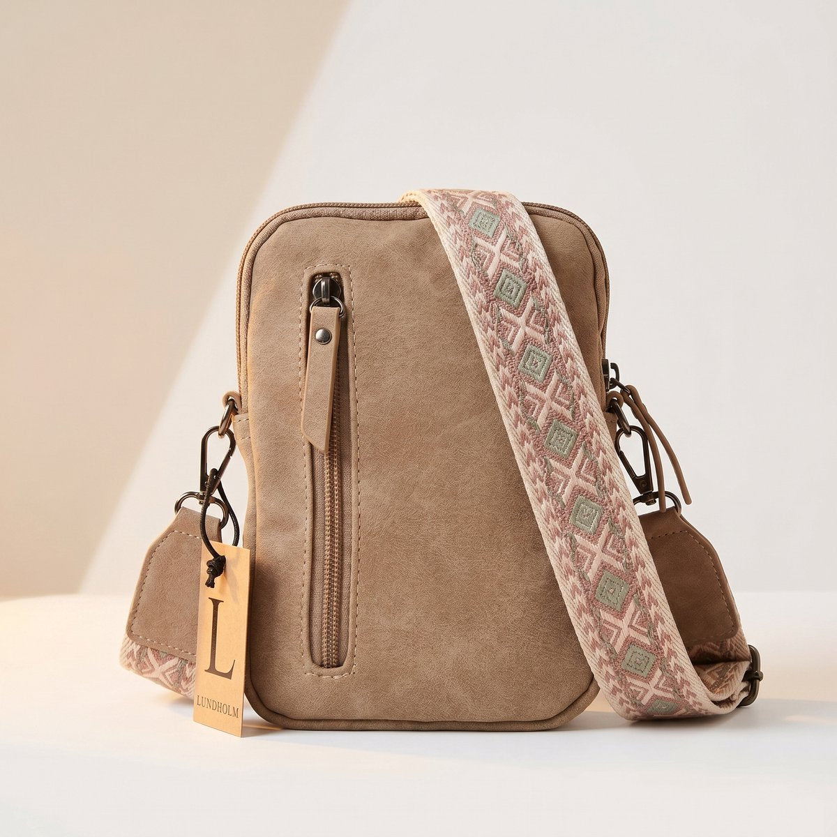Lundholm Strömsund crossbody beige leer dames — detail rits sluiting