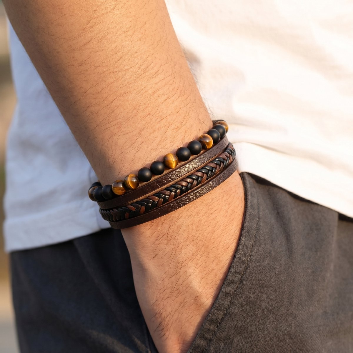 Lundholm Björn Armband Heren - detail tijgeroog kralen
