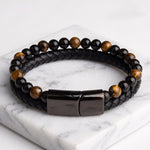 Lundholm Arvid Heren Armband Kunstleer Bruin Zwart met Tijgeroog Kralen