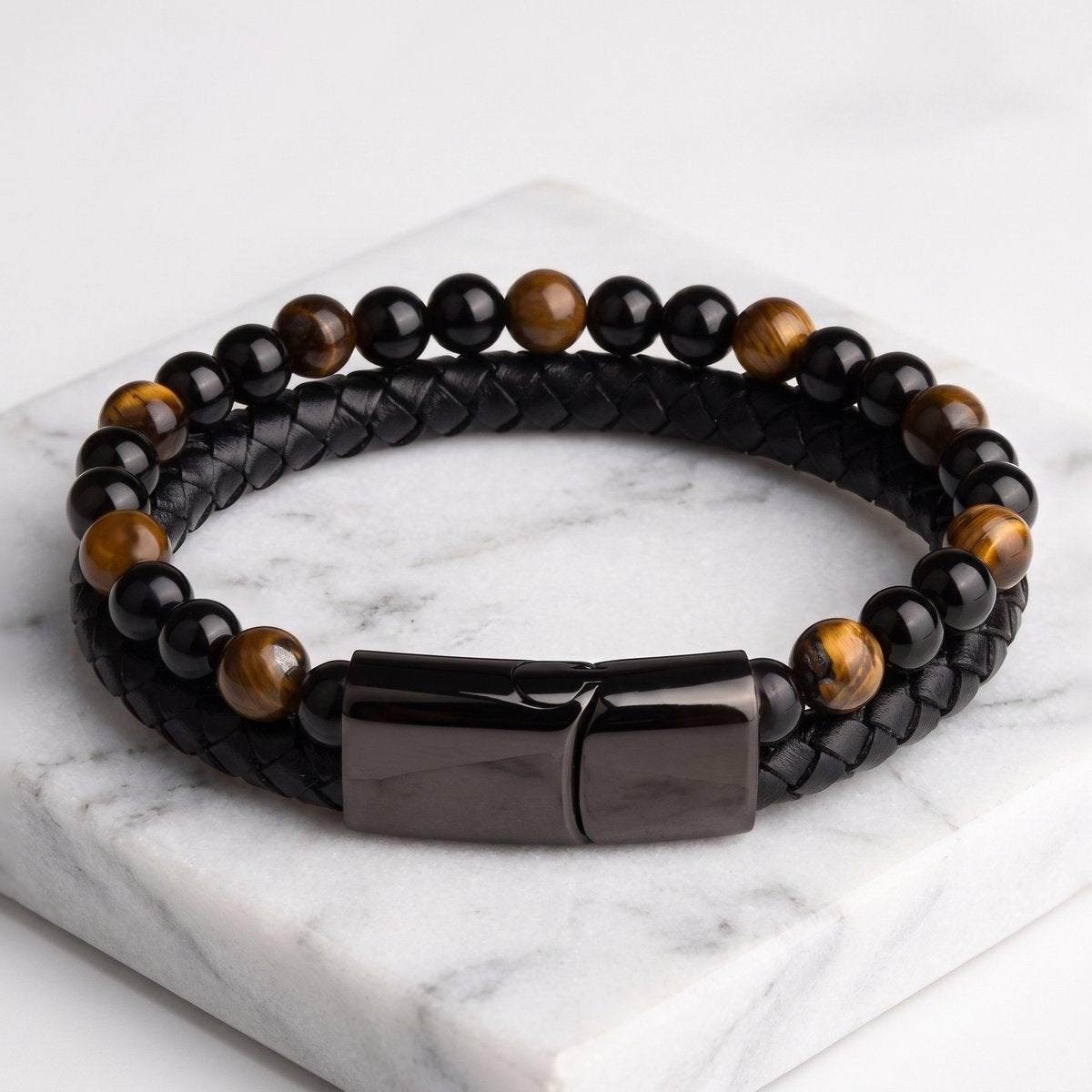 Lundholm Arvid Heren Armband Kunstleer Bruin Zwart met Tijgeroog Kralen