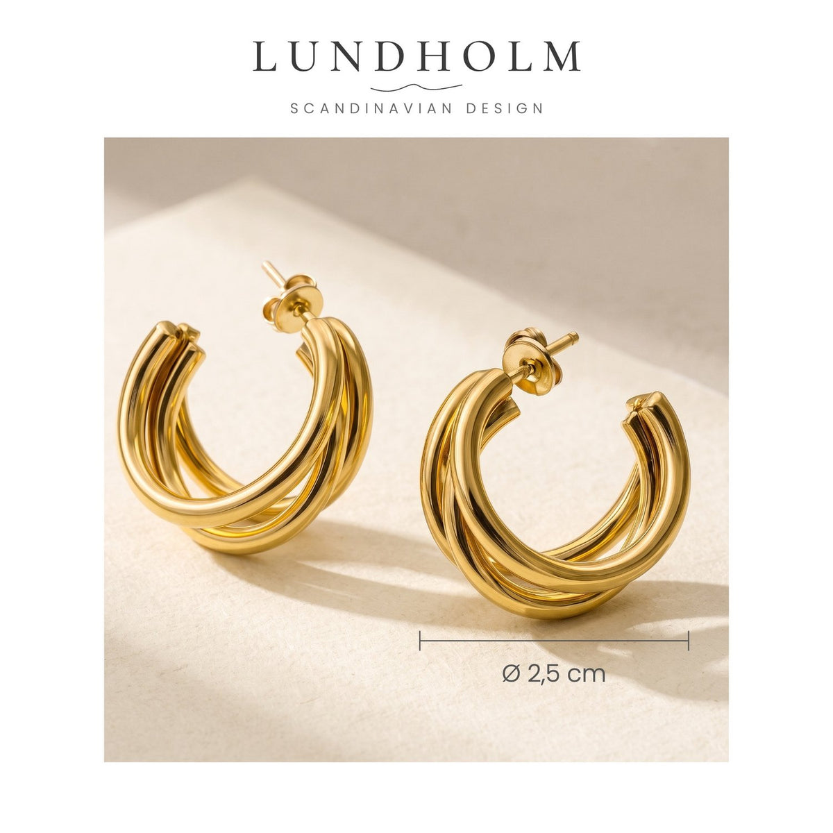 Lundholm Thea oorbellen goudkleurig, diameter 2,5 cm