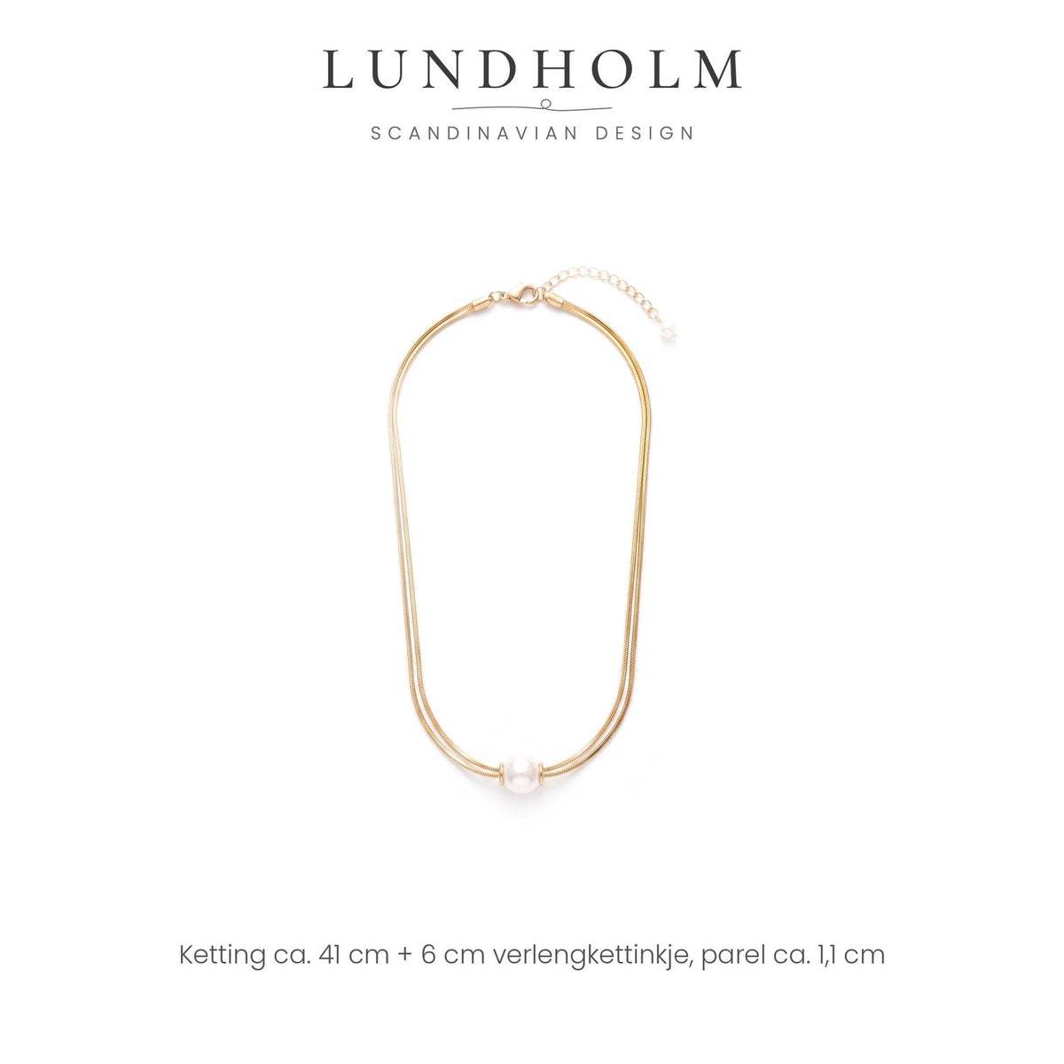 Lundholm Margaux parelketting met dubbele slangenketting, goudkleurig, maatindicatie