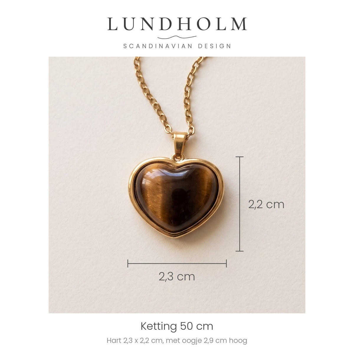 Lundholm Beatrice ketting met hanger hart tijgeroog, goudkleurig, maatindicatie