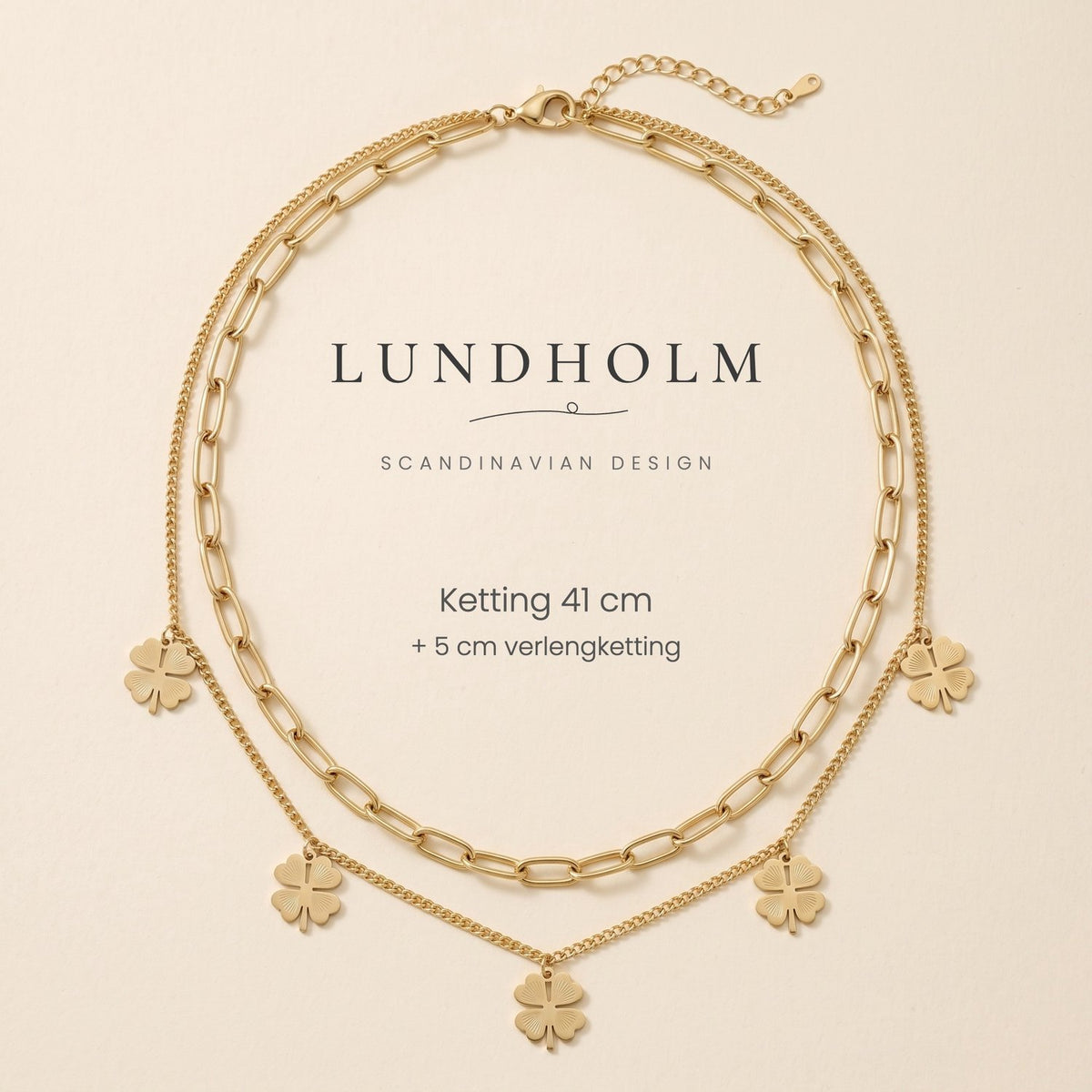 Lundholm Georgia layered klavertjevier ketting goudkleurig, detail