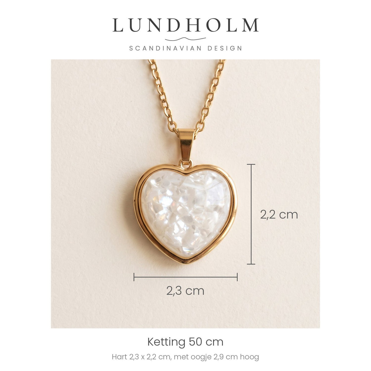 Lundholm Beatrice ketting met hanger hart parelmoer, goudkleurig, maatindicatie