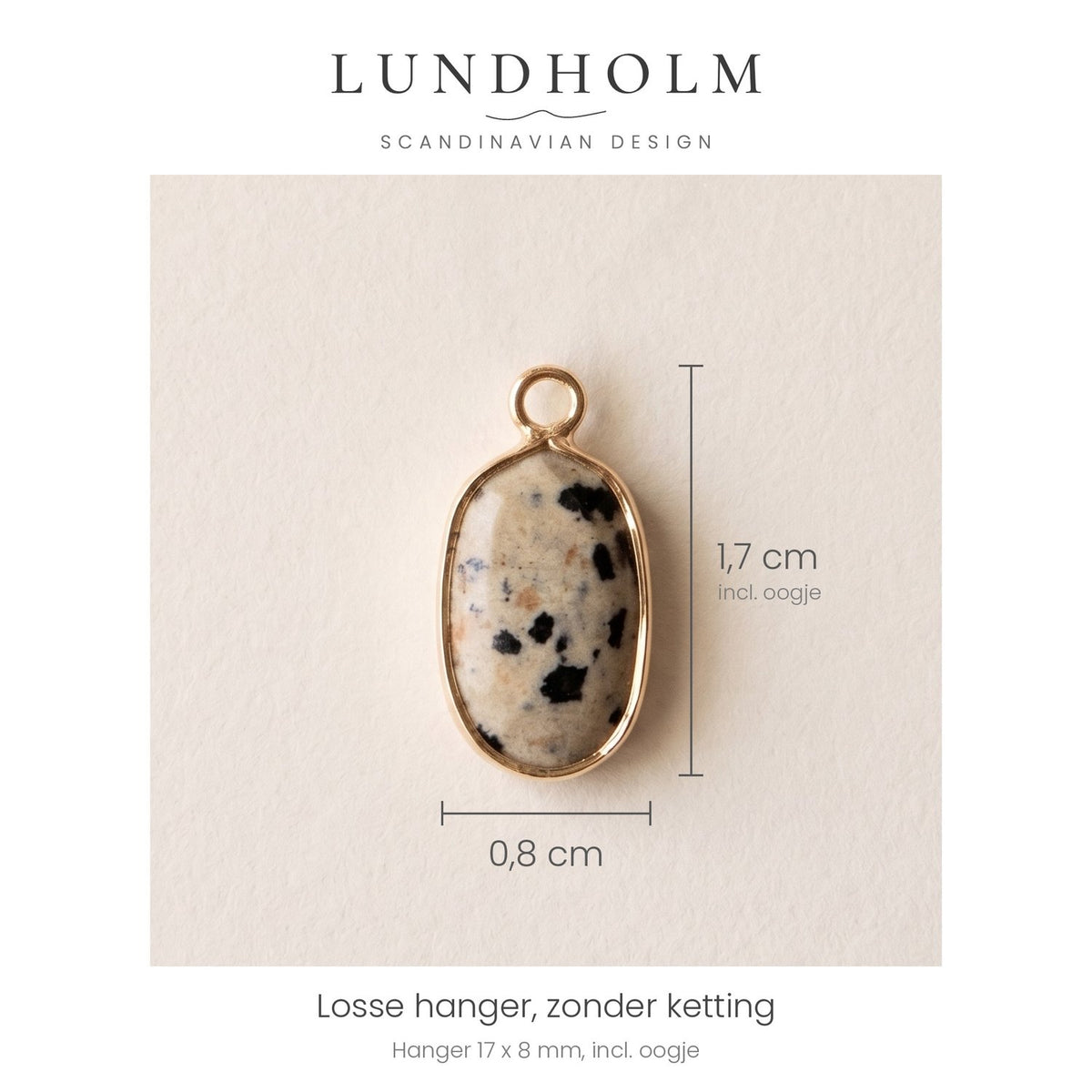 Lundholm Sigrun losse hanger dalmatiër jaspis, goudkleurig, maatindicatie