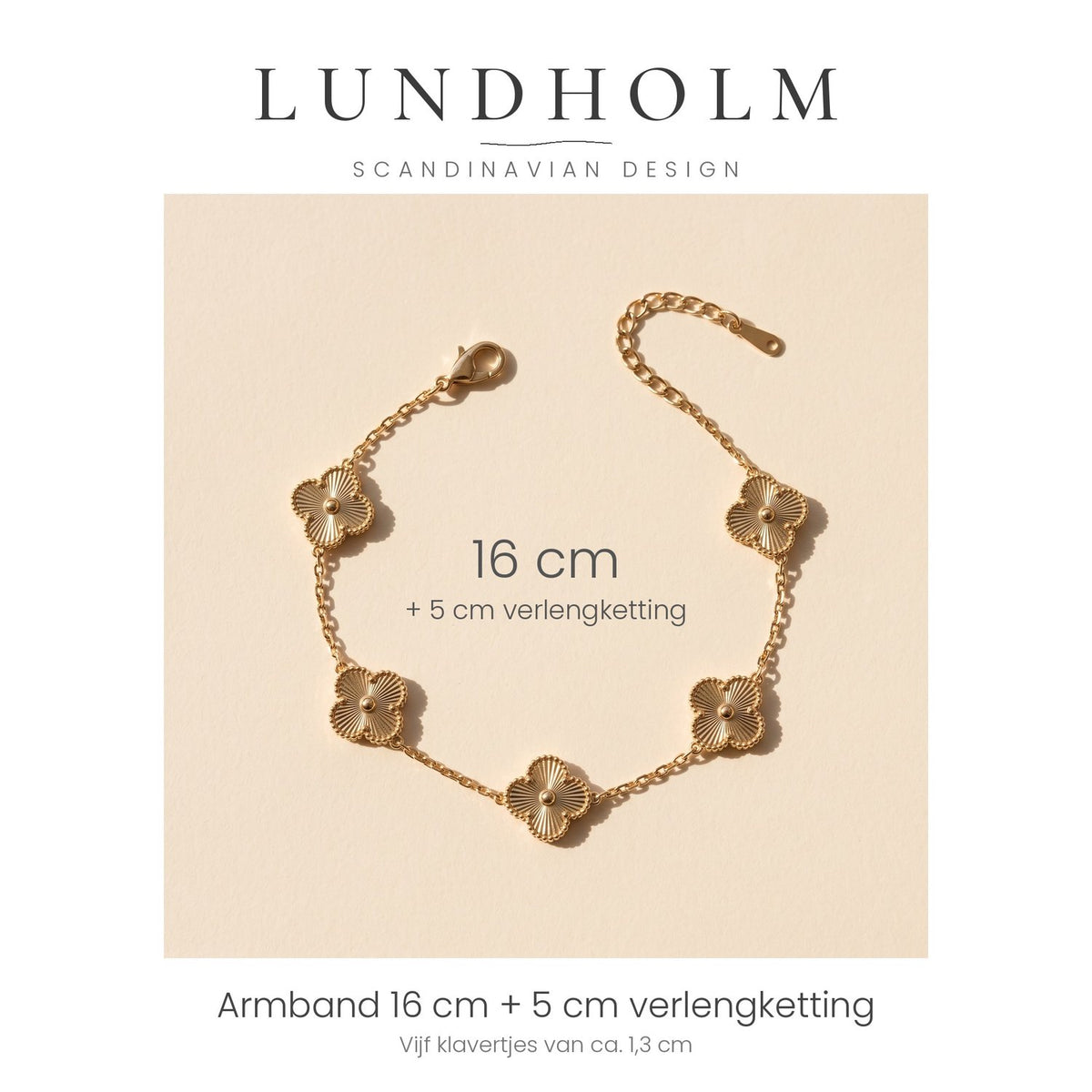 Lundholm Felicia klavertje vier armband goudkleurig, close-up