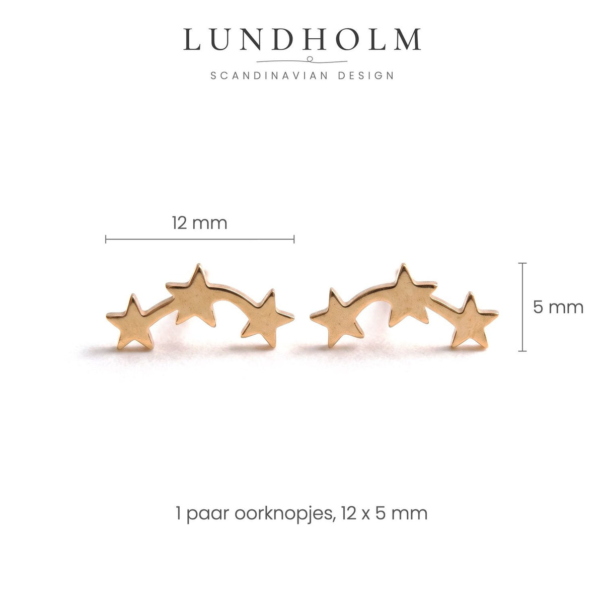 Lundholm Seraphine vallende ster oorknopjes, goudkleurig, maatindicatie