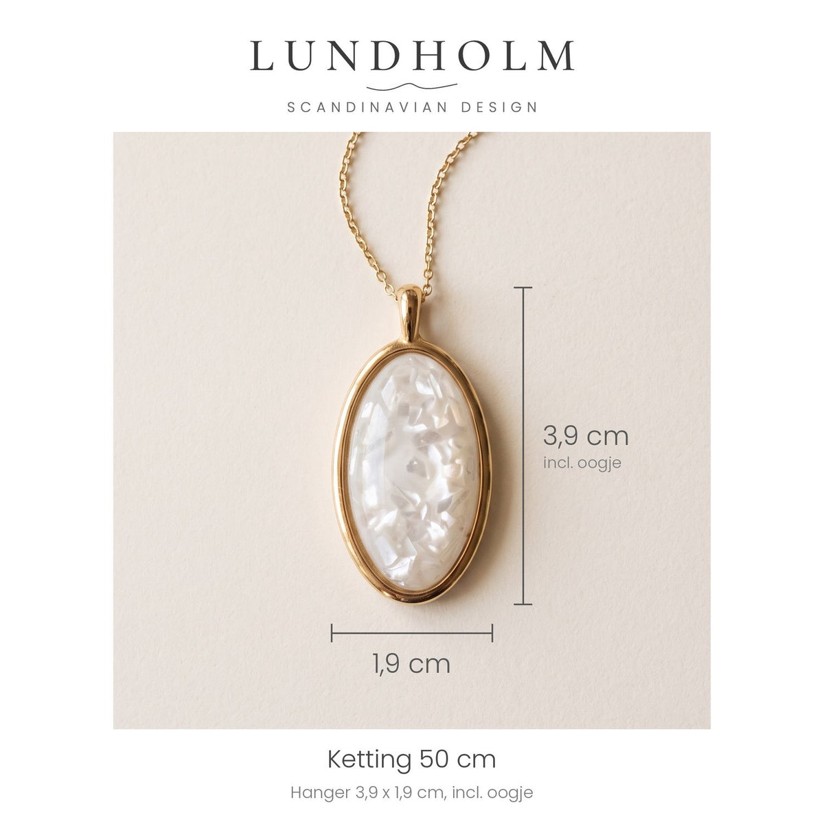 Lundholm Beatrice ketting met hanger ovaal parelmoer, goudkleurig, maatindicatie