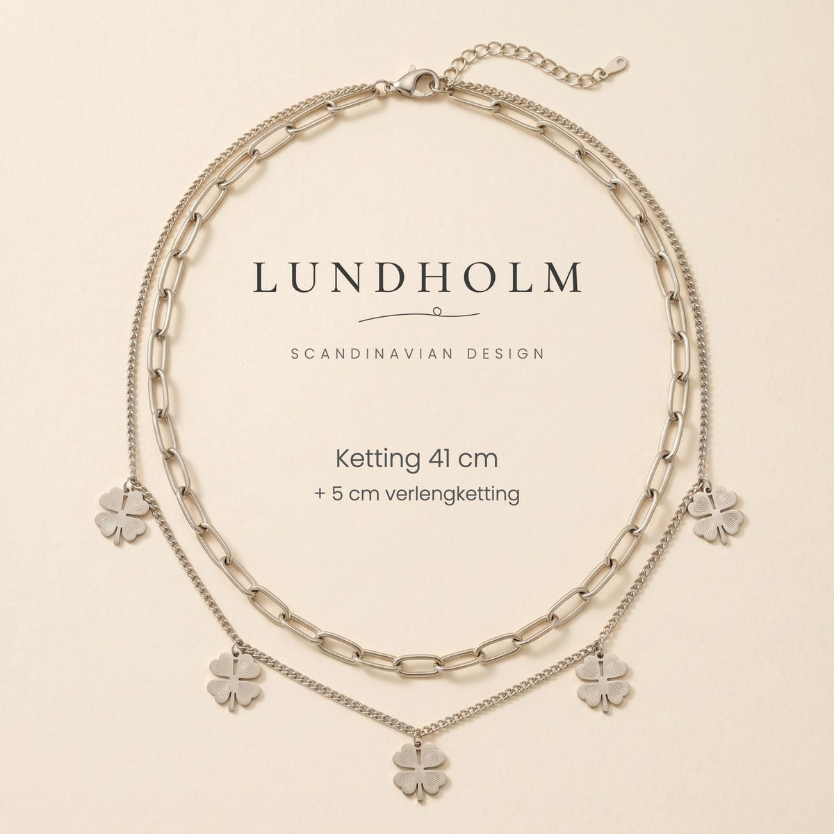 Lundholm Georgia layered klavertjevier ketting zilverkleurig, detail