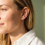 Model draagt de Lundholm Lykke oorknopjes goudkleurig, close-up