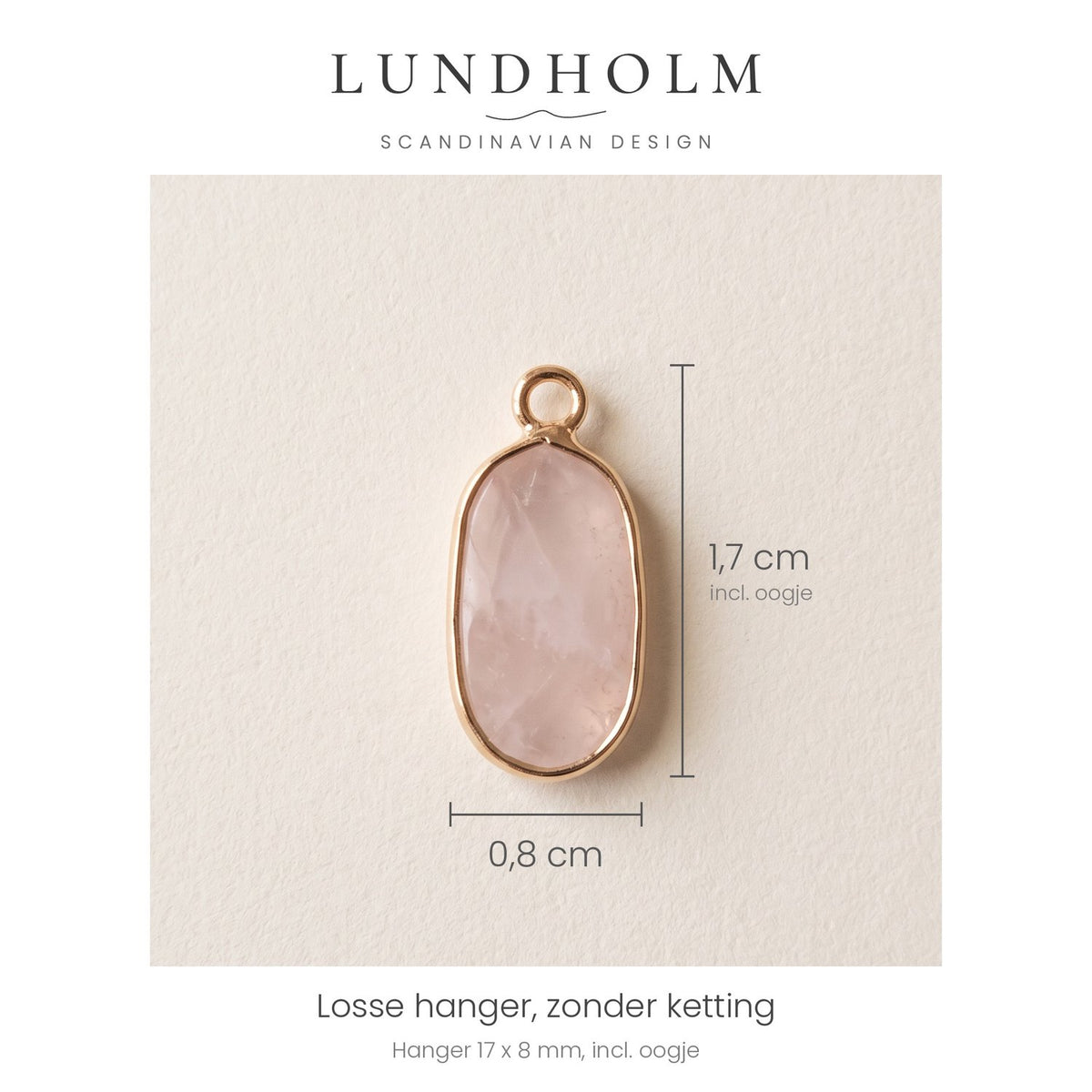 Lundholm Sigrun losse hanger rozenkwarts, goudkleurig, maatindicatie