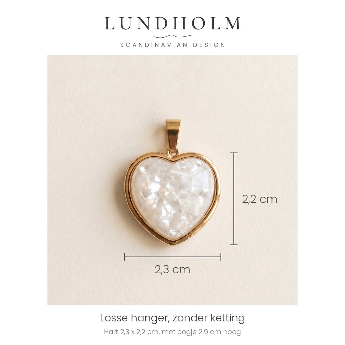 Lundholm Beatrice losse hanger hart parelmoer, goudkleurig, maatindicatie